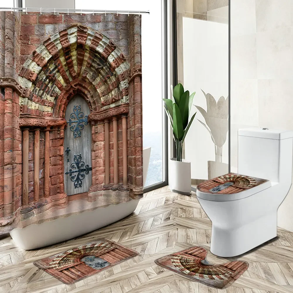 Vintage Arched Red Brick Wall Shower Curtain Old Wooden Door European Church Bathroom Non-Slip Carpet Toilet Cover Floor Mat Set