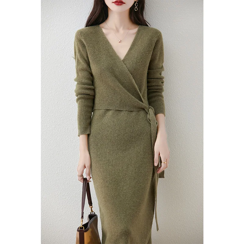 Women 100% Wool Dresses With Belt Knitted Jumpers 2024 New Fashion Winter V-neck Loose Dresses Female Mid-calf Pullovers