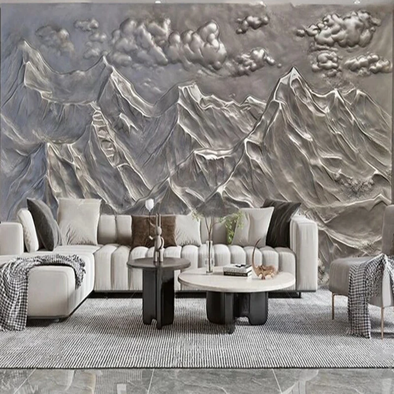 

MU8880 Modern and simple Chinese-style gold and silver mountain backrest copper relief TV sofa background wall paper mural