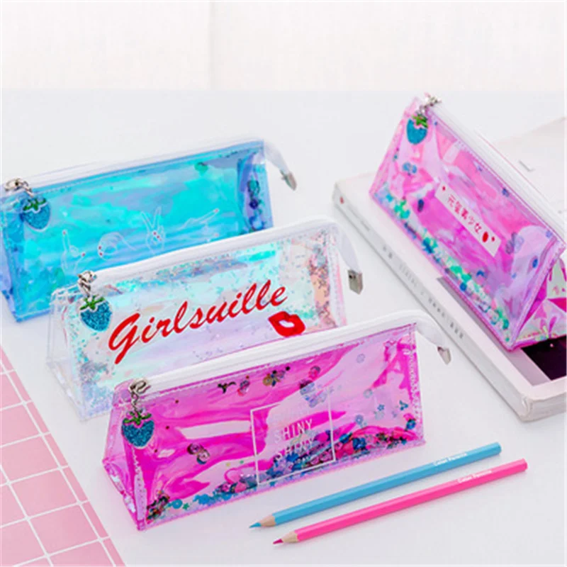 Laser quicksand colorful PVC pencil bag girl cute pencil case school supplies storage bag student large capacity stationery bag