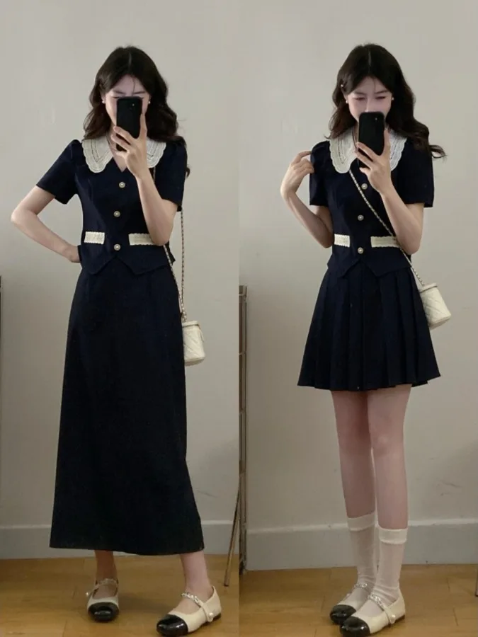 

plus Size Women's Vintage Doll Collar Lace Trim Shirt Top Summer New High Waist Denim Skirt Set Korean Style Slim Fit