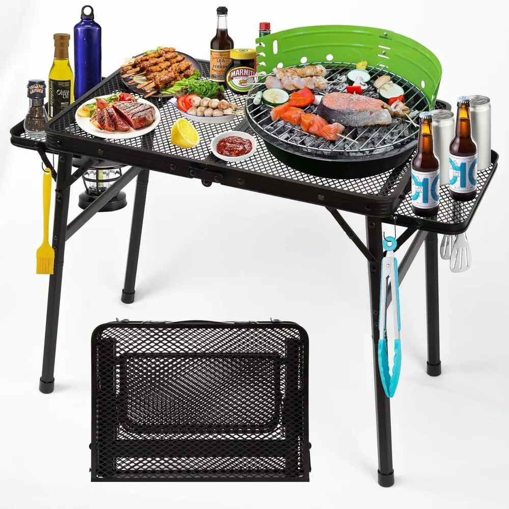 

Портативный регулируемый по высоте стол для пикника с 2 выдвижными секциями, металлической сетчатой решеткой, идеально подходит для отдыха на природе, кемпинга, пляжа, барбекю, автодомов