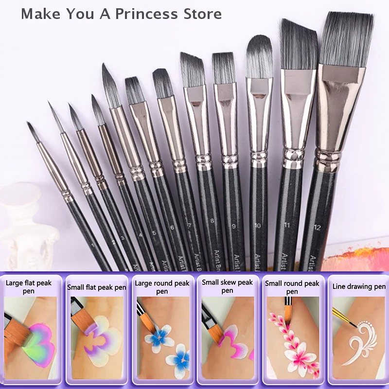 12PCS Children Face Artist Paintbrush Wood Handle Paint Brush Set for Adult Watercolor Gouaches Oil Acrylic Painting Body Art