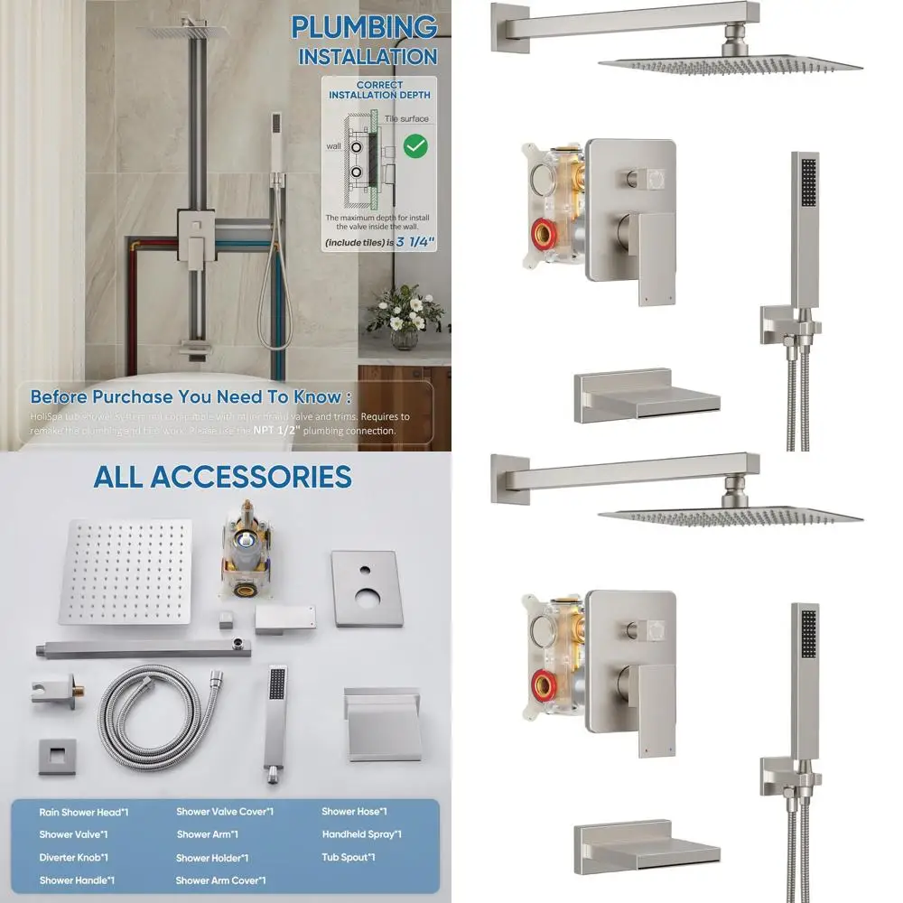 

Metal Tub Shower System with 12 Rain Showerhead, Handheld Combo, Wall Mount, Brushed Nickel