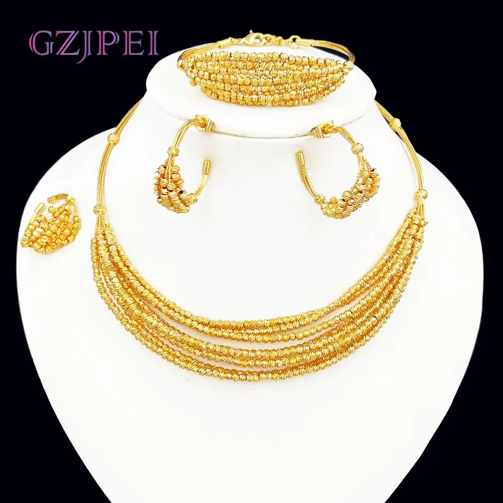 GZJPEI Exquisite Brazilian Gold Plated Wedding Jewelry Set Hight Quality Copper Beads Necklace Multi Layered Bracelet C Earring