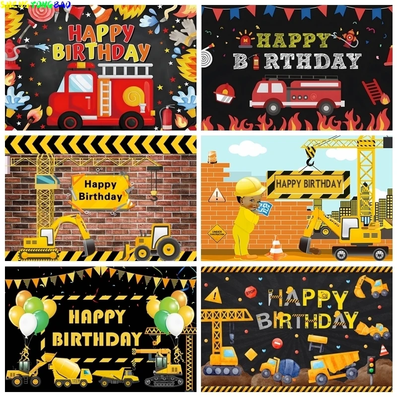 Baby Birthday Construction Team Photography Backdrops Fire Truck Traffic Newborn Shower Background Photographic Photo Studio