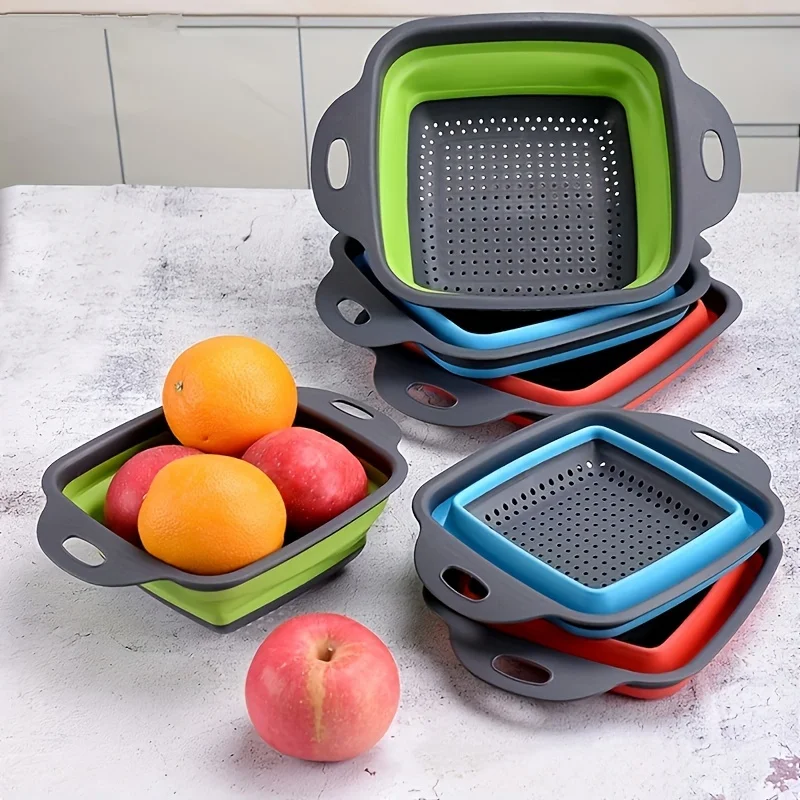 4pc square round double folding telescopic draining basket plastic wash basin wash basket  fruit tray kitchen supplies Butter