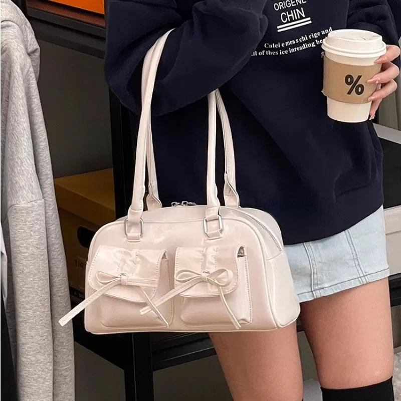 Xiuya Silber Plissee Damen Umhängetasche Elegante Sanfte Koreanische Mode Leder Handtasche Schleife Süße Neue Einfache Damen Boston Tasche