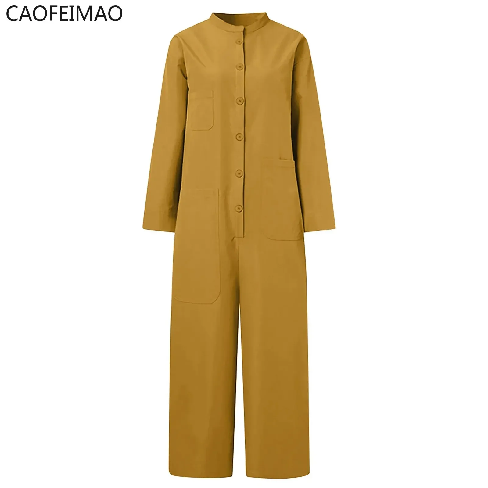 Caofeimao Women Jumpsuit 2023 Female Oversized Romper Autumn Loose Pockets Overalls Casual Solid Stand Collar Bottom
