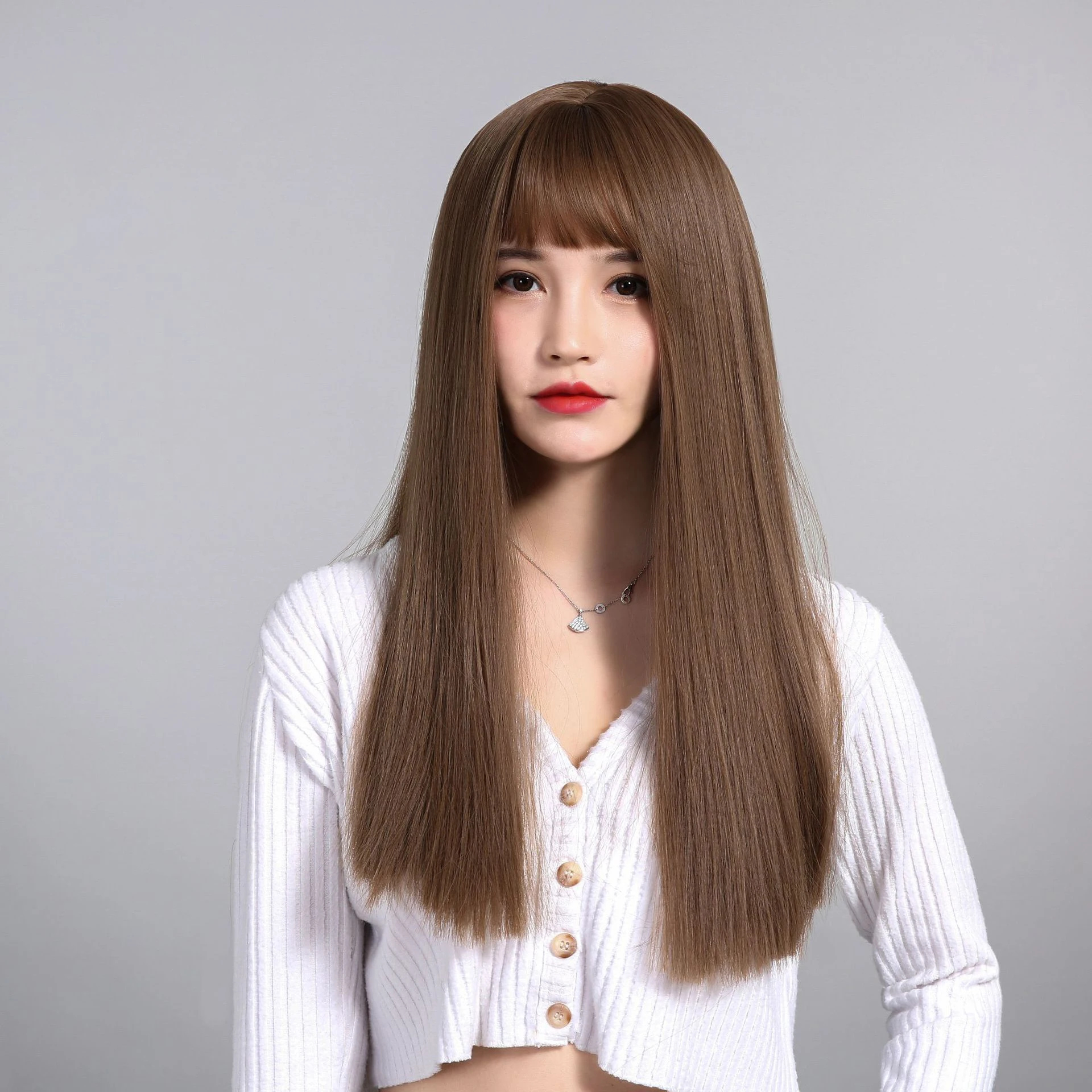 Brown Wig with Bang for Women Long Straight Black Wig Synthetic Hair for Girl Cosplay and Daily Use Boymia for Woman Daily Party