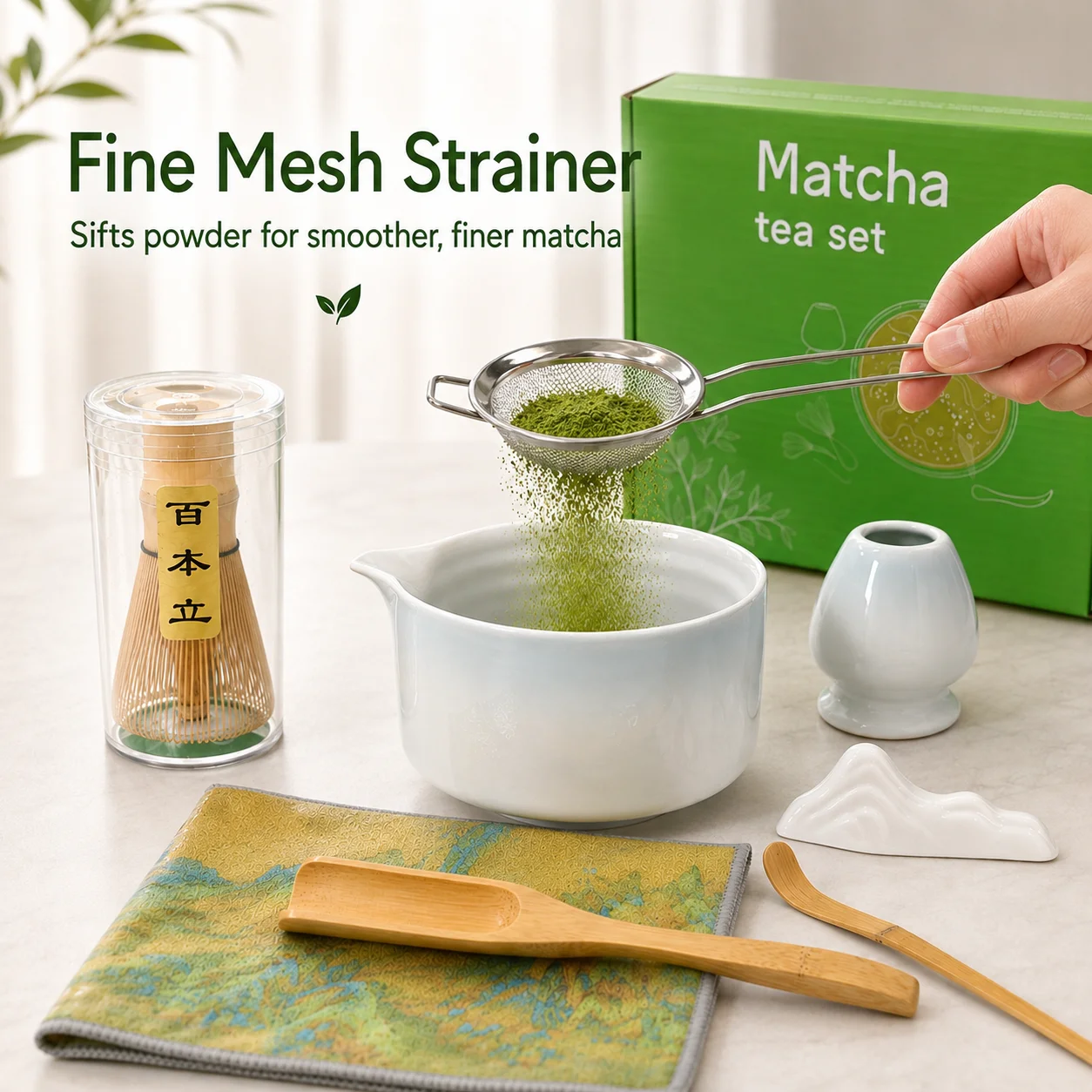 Set Completo de Matcha de 8 Piezas en Azul Degradado con Cuenco de Cerámica, Batidor de Bambú, Soporte para Batidor, Colador, Cuchara para Matcha, Reposacucharas y Paño de Té, Kit de Matcha de Estilo Japonés para el Ho