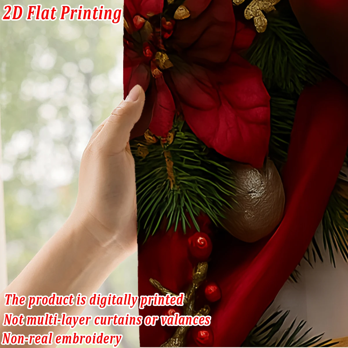 Cortina transparente con estampado plano de Navidad con bola navideña, cinta de copo de nieve, baya para decoración de sala de estar y dormitorio, fiesta navideña