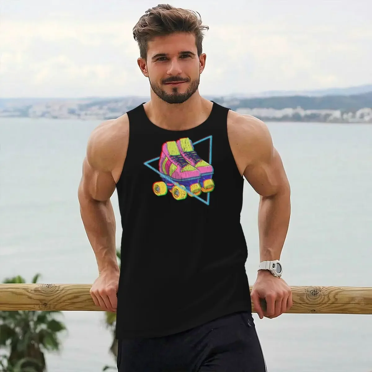 Retro Roller Skates Colorful Gym Tank Bodybuilding Vest Fitness Sleeveless Tops Quick Dry Men Workout Sports Clothing