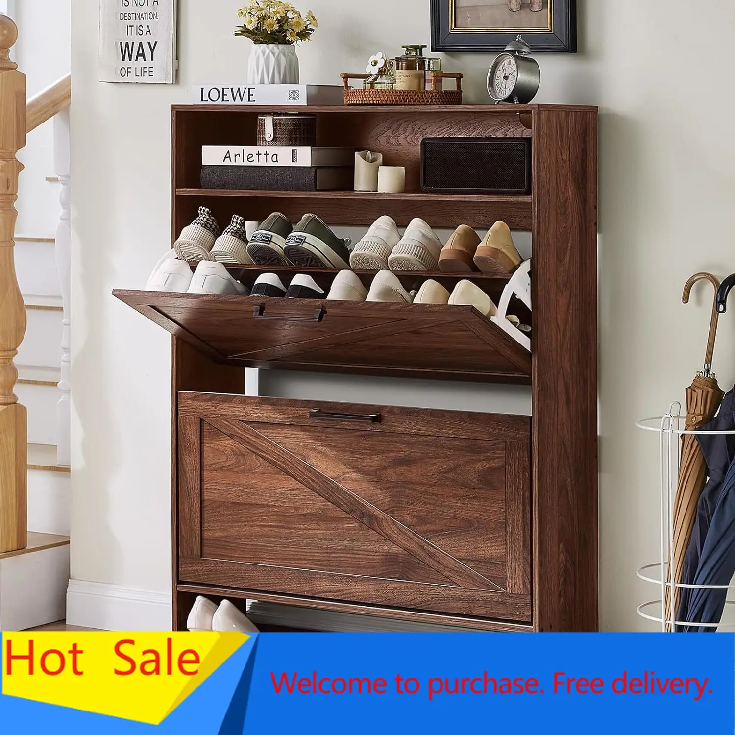 

Shoe Cabinet Storage for Entryway with 2 Flip Drawers Open Storage Layer Rack Narrow Organizer Slim Hidden Wood Shoe Cabinet Fur