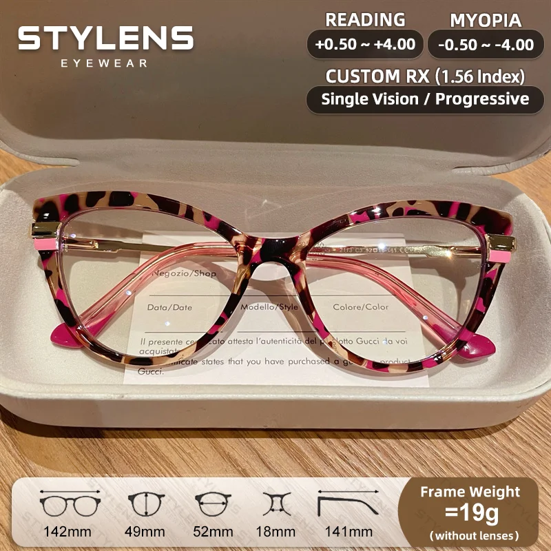 STYLENS Cat Eye Anti Blue Light Reading Glasses Ladies Anti-reflection Myopia Glasses Custom Prescription Progressive Eyewear