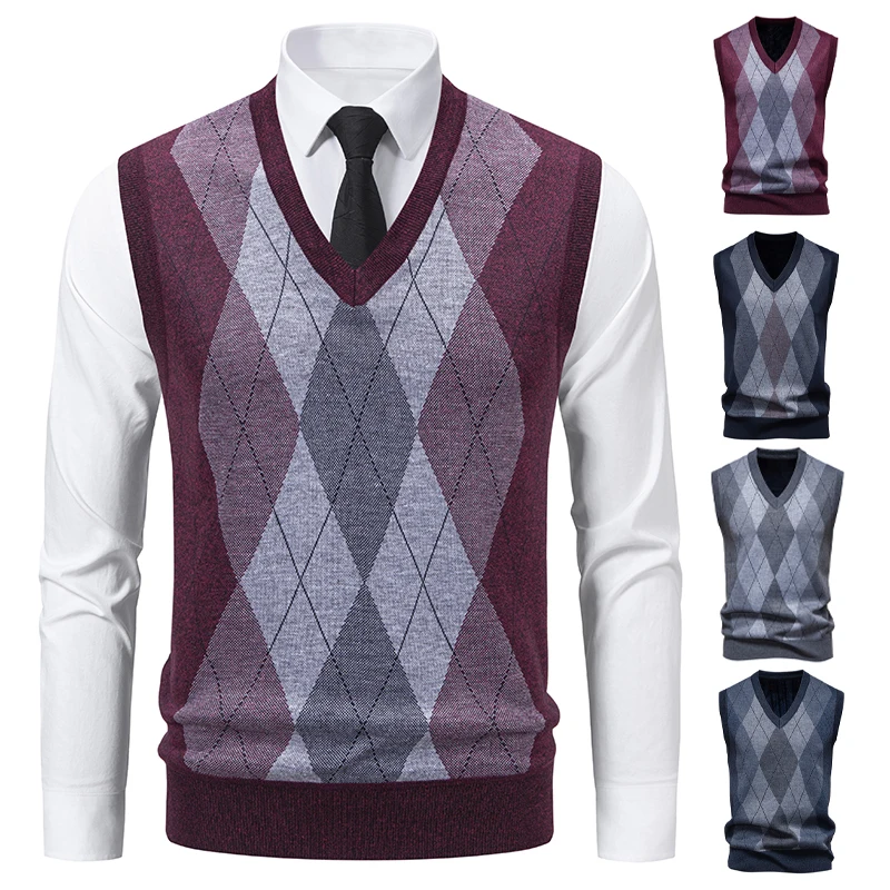 

Мужской повседневный жилет: модная верхняя одежда, новый мужской вязаный жилет в стиле аргайл с V-образным вырезом, без рукавов, приталенный пуловер, вязаные жилеты