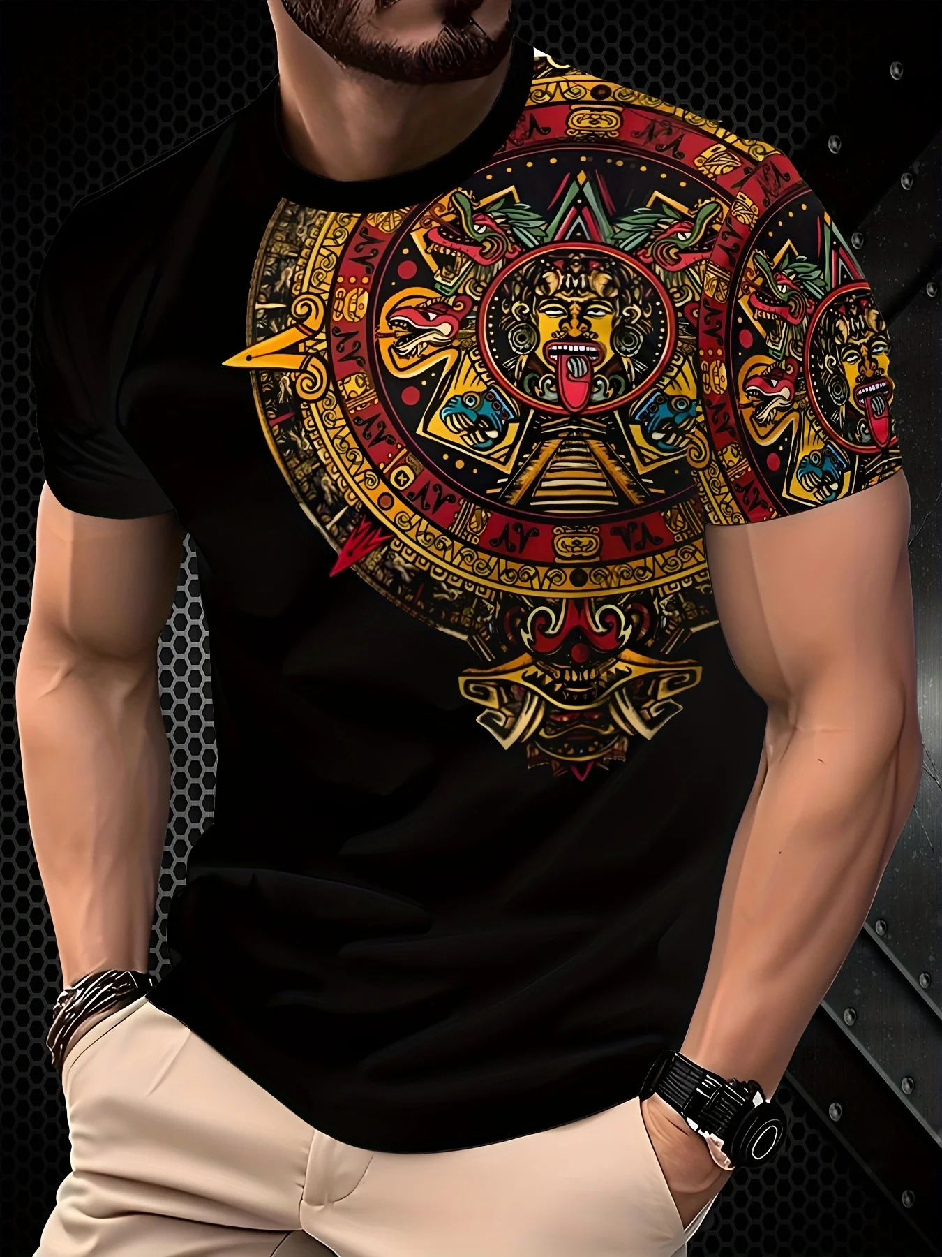 Men's Aztec Mayan Sun Stone Totem T-Shirt Tribal Ancient Civilization Graphic Crew Neck Top