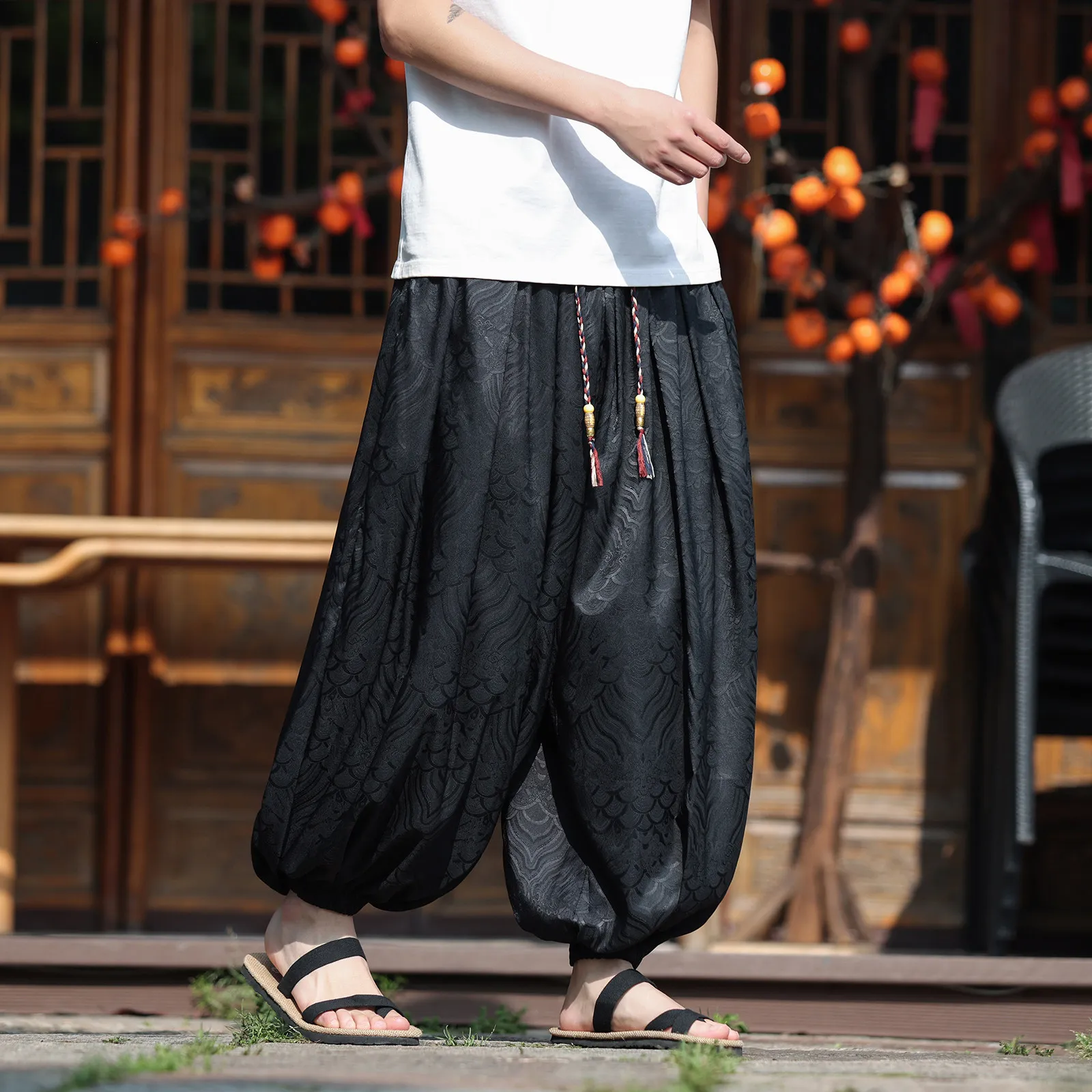 Pink Cloud Pattern Jacquard Ice Silk Ankle-Length Pants Men Loose Wide Leg Trousers Casual Baggy Breathable Streetwear Bottoms