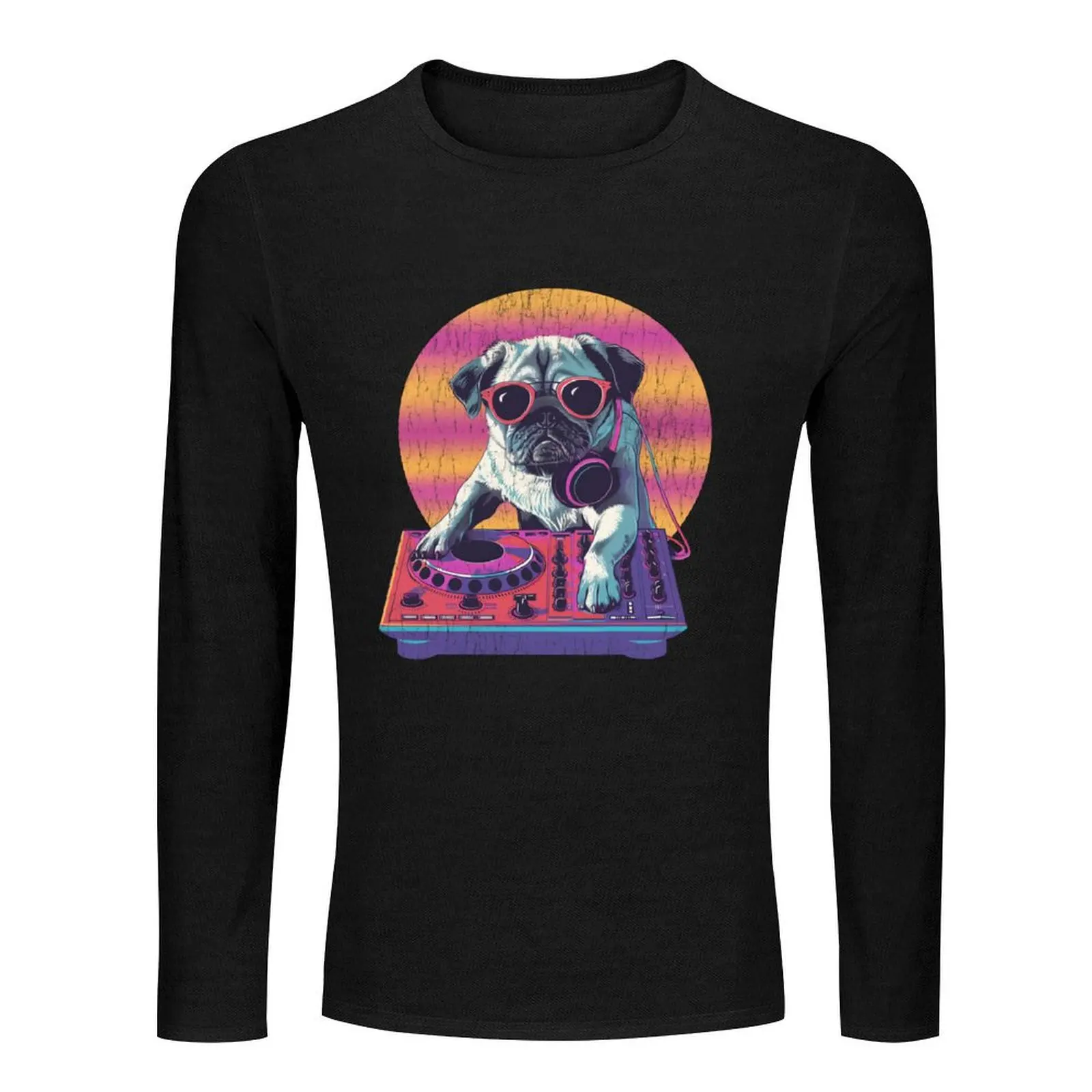 Vintage Dj Pug Music Pug Long T-Shirt vintage t shirt mens white t shirts