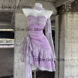 Princess Dress Adult High-end Light Luxury Birthday Party Dress Ruffled Purple Suspender 3D Flowers Girl Women's Clothing