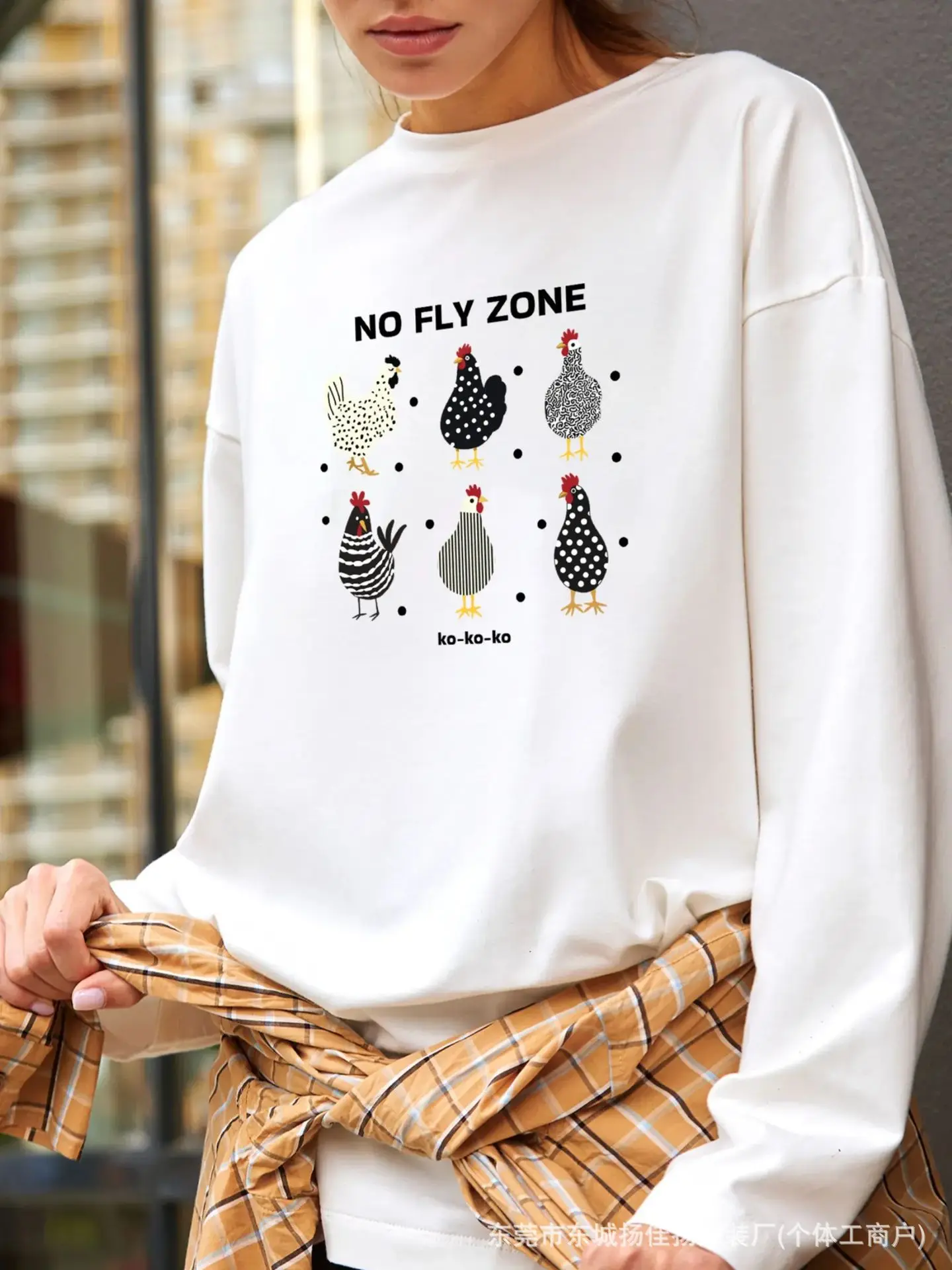 Chic Cartoon Funny Farm Chicken Print 100% Cotton Long Sleeve Tee Women Oversized Crew Neck Cute Animal Aesthetic T Shirt