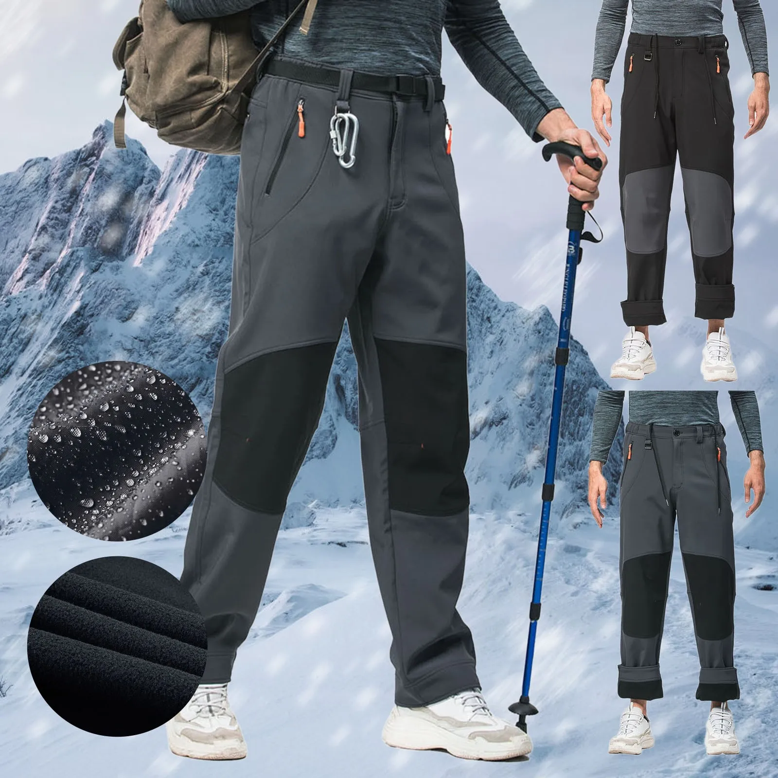 

Mens Pants Winter Stitching Solid Color Print Vintage Trousers Outdoor Sports Warm Plus Velvet With Foot Zipper Pocket Pants 4