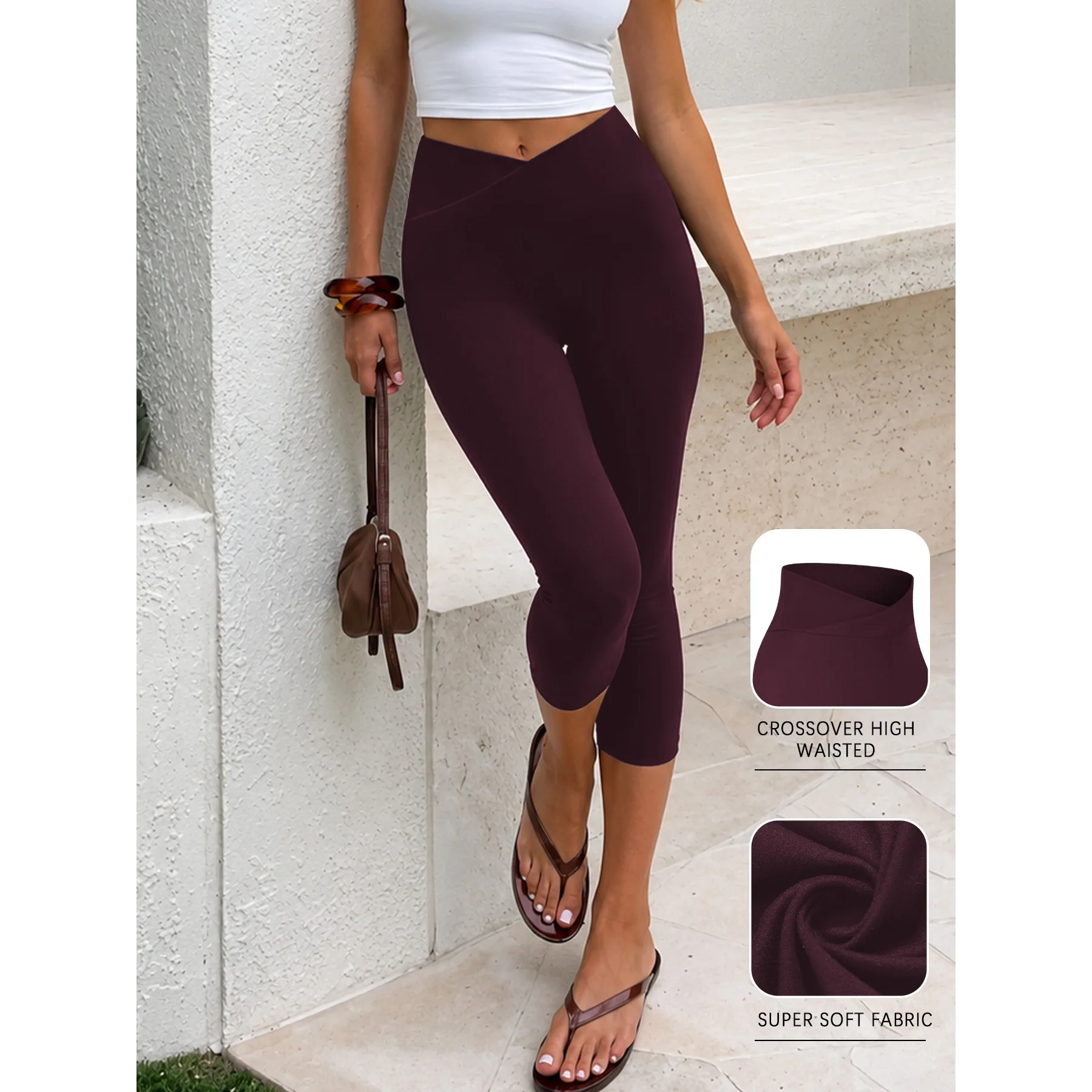 Damen Super Weiche Crossover High-Waist Capri-Hose mit Bauchkontrolle, Blickdicht, für Workout, Yoga und Laufen – Detail 2