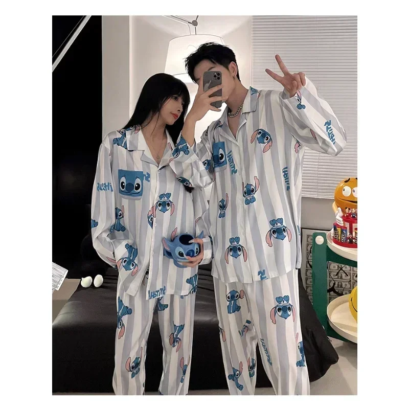 Cartoon Disney Stitch couple pajamas autumn new lapel long-sleeved trousers women\'s pajamas casual men\'s loungewear set