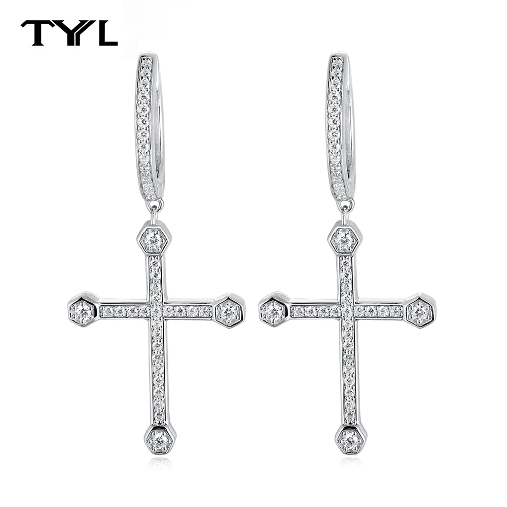 

TYYL D VVS1 Moissanite Cross Drop Earrings for Men Women 925 Silver Diamond Ear Hoop Pendant Earring Fine Jewelry Christmas Gift