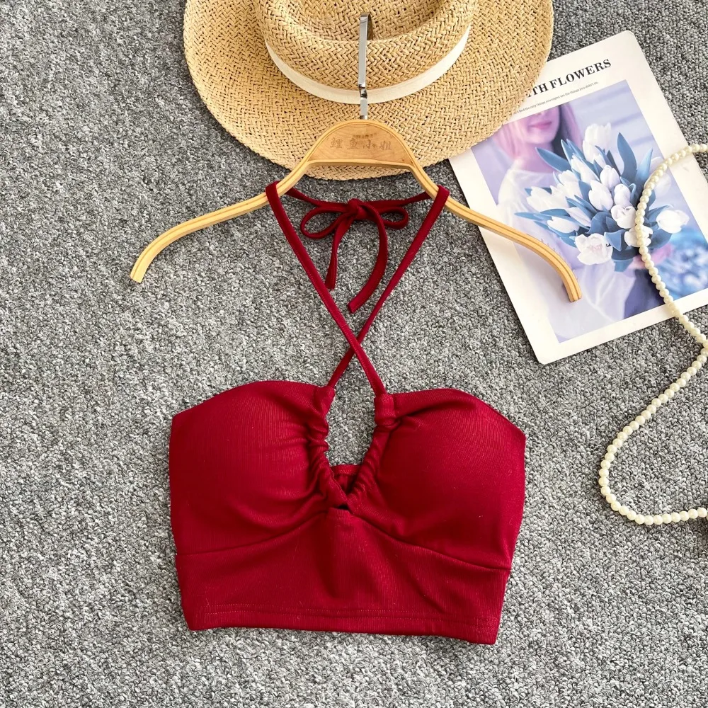 

Sexy Camis Chic hollow out halter top Slim Korean Tanks Top Sleeveless Elegant Crop Top hotsweet Summer Women Bustier