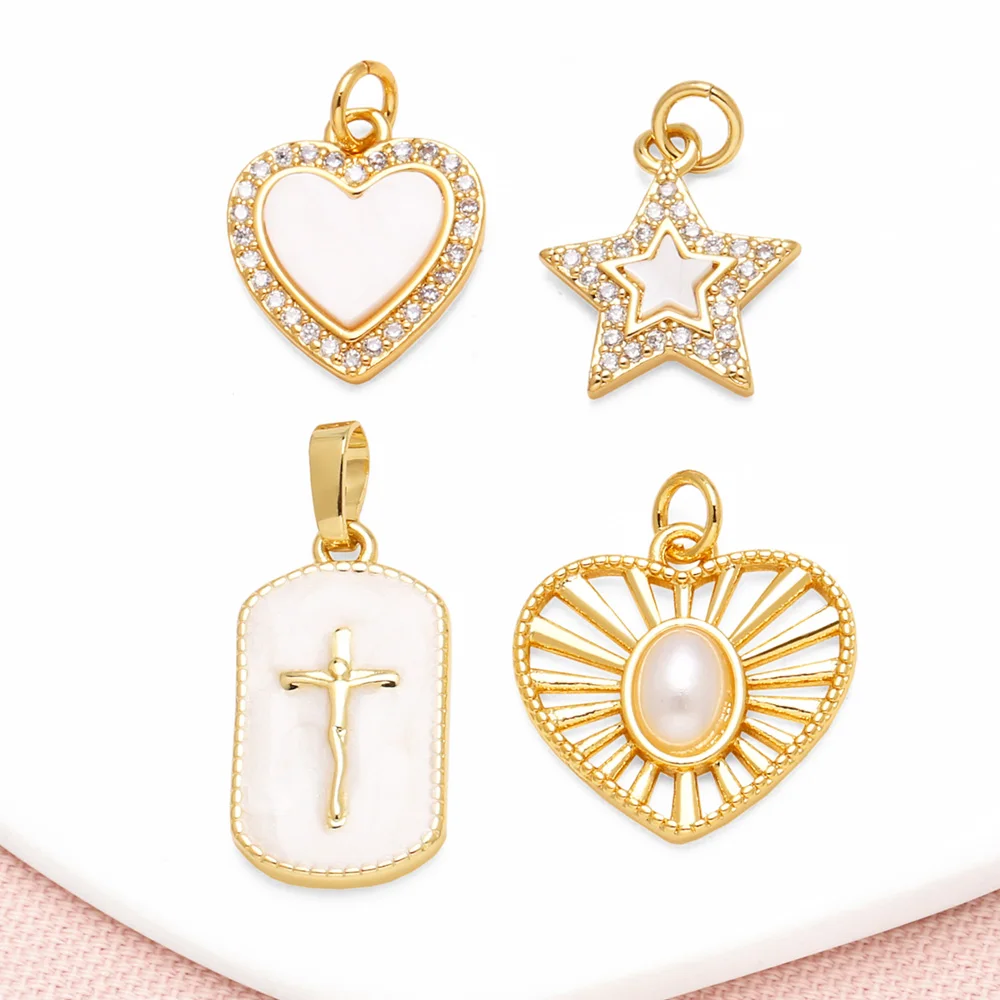 OCESRIO White Crystal Shell Heart Star Pendant For Necklace Copper Gold Plated Jesus Medal Jewelry Making Supplies Pdtb705