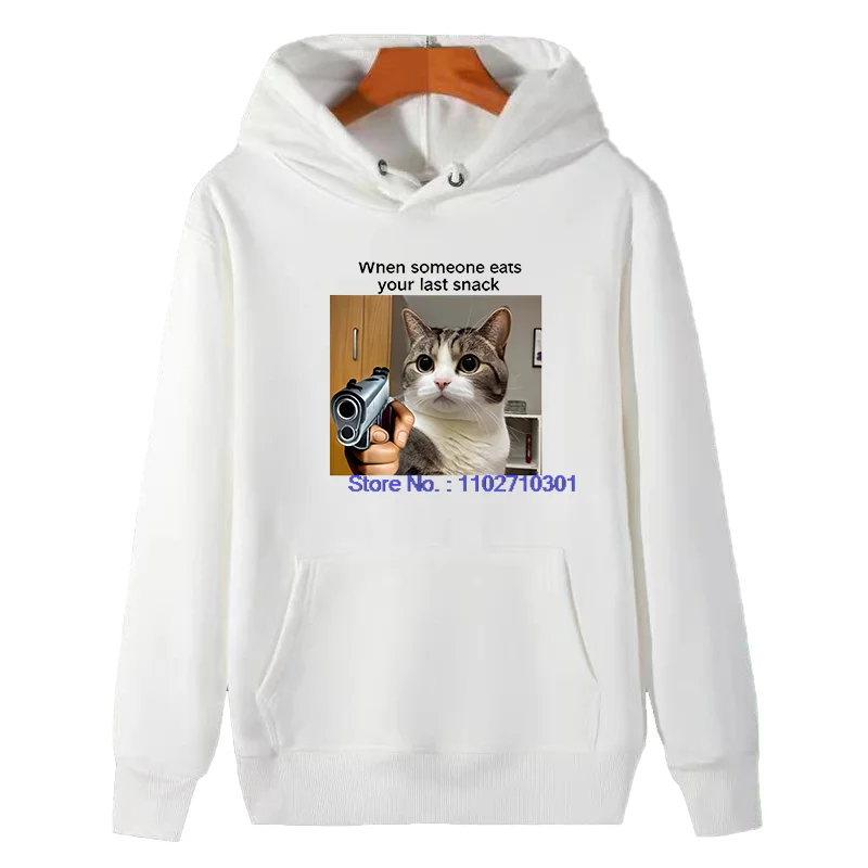 Cat With Gun Meme When Someone Eats Your Last Snack Funny Graphic Hooded Sweatshirts Fashion Winter Essentials Hoodie Sweatshirt