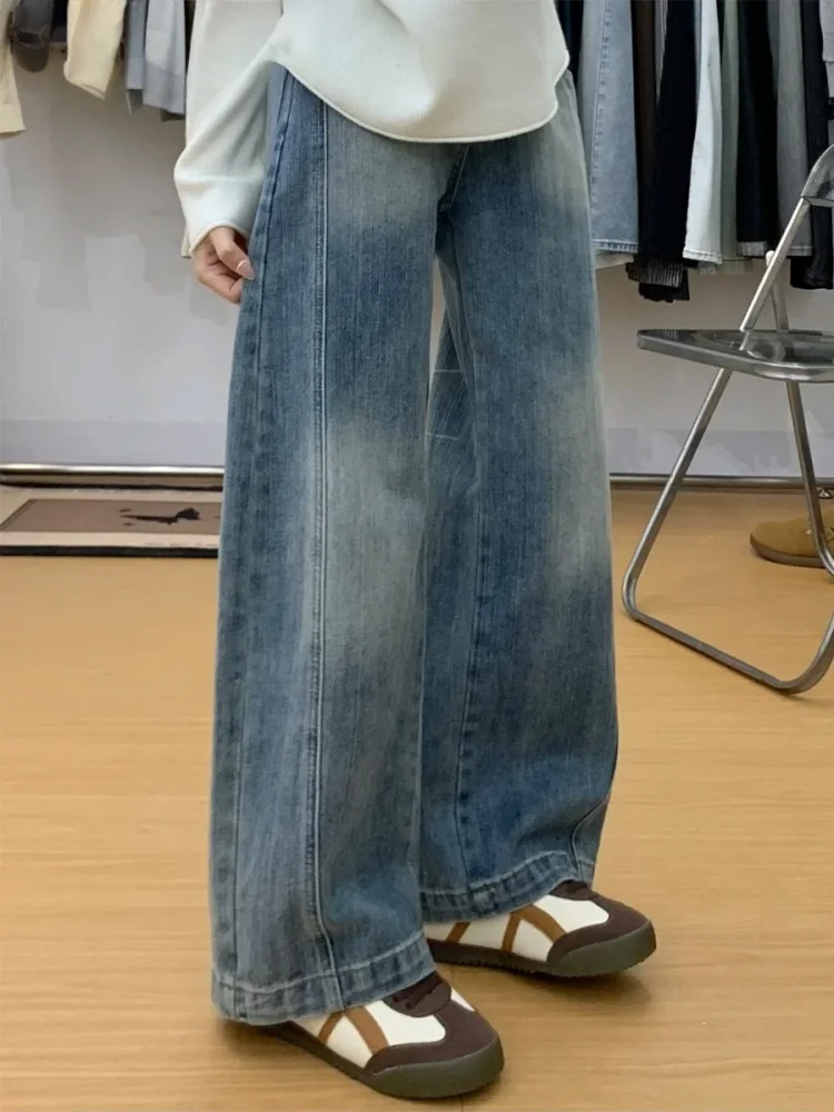 プラスサイズ ハイウエスト ブルー ジーンズ レディース ストレートレッグ ワイドレッグパンツ 梨型体型 着痩せ ルーズフィット カジュアルウェア