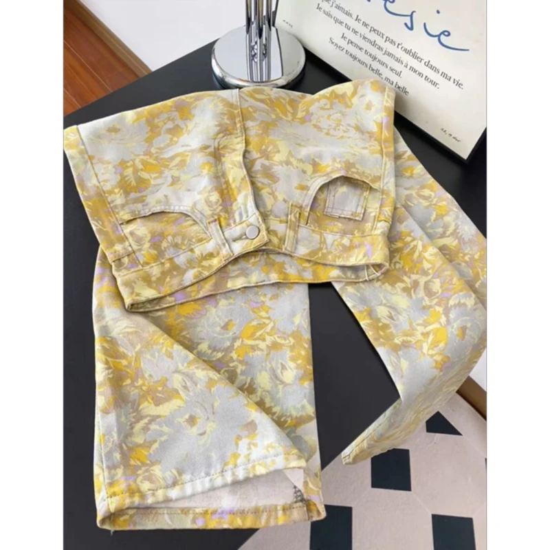 

Женские летние новые тонкие свободные прямые джинсы-клеш с высокой талией в американском стиле, желтые камуфляжные, длиной в пол