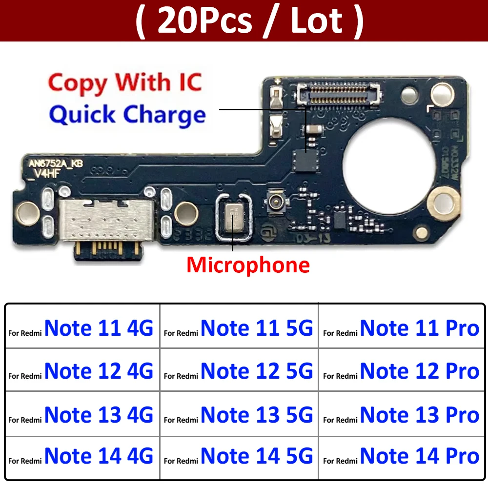 

20 шт., USB-порт для зарядки, разъем для док-станции для микрофона, гибкий кабель для Xiaomi Redmi Note 11 12 13 14 Pro Plus 4G 5G