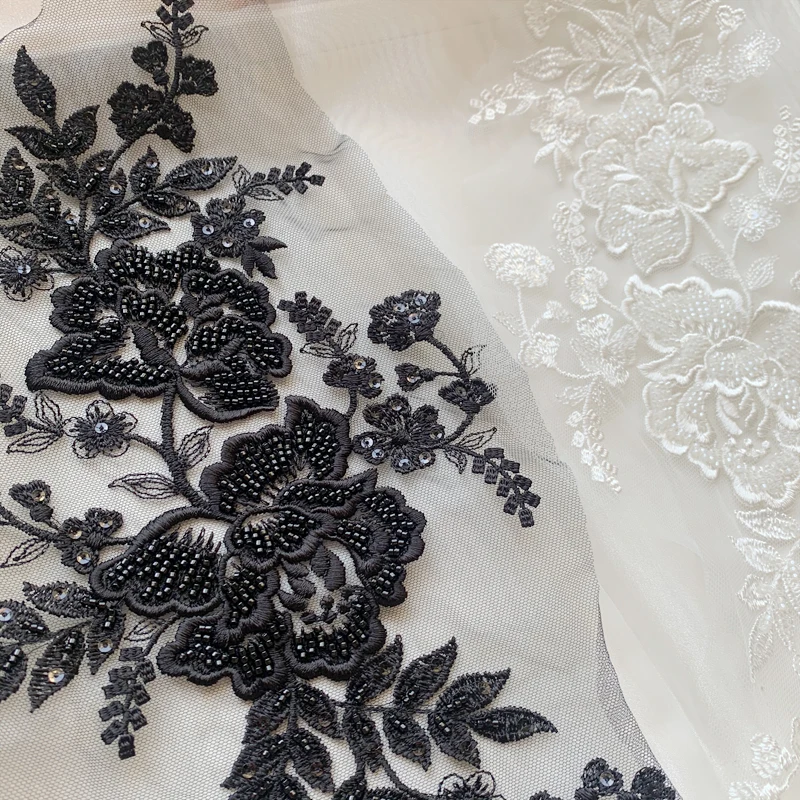 1Pair Black and White Nail Bead Flower Leaves Embroidery High Set Wedding Dress Headdress Lace Mirror Flower