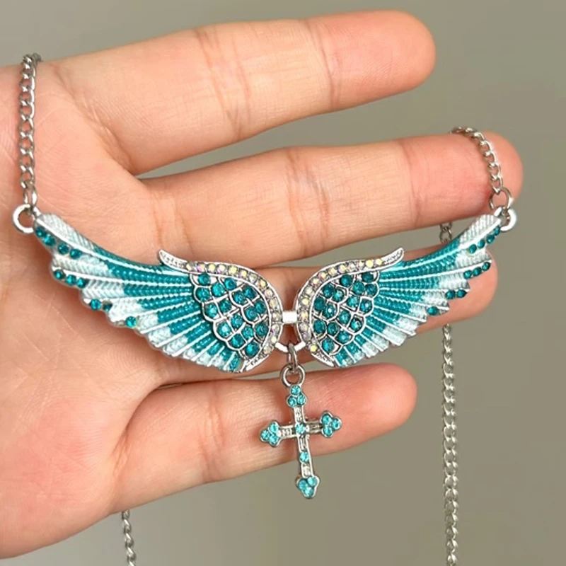 Angel Wings Cross Pendants Necklaces Vintage Blue White Pink Charm Crystal Jewelry Necklaces for Women Wedding Accessories Gifts