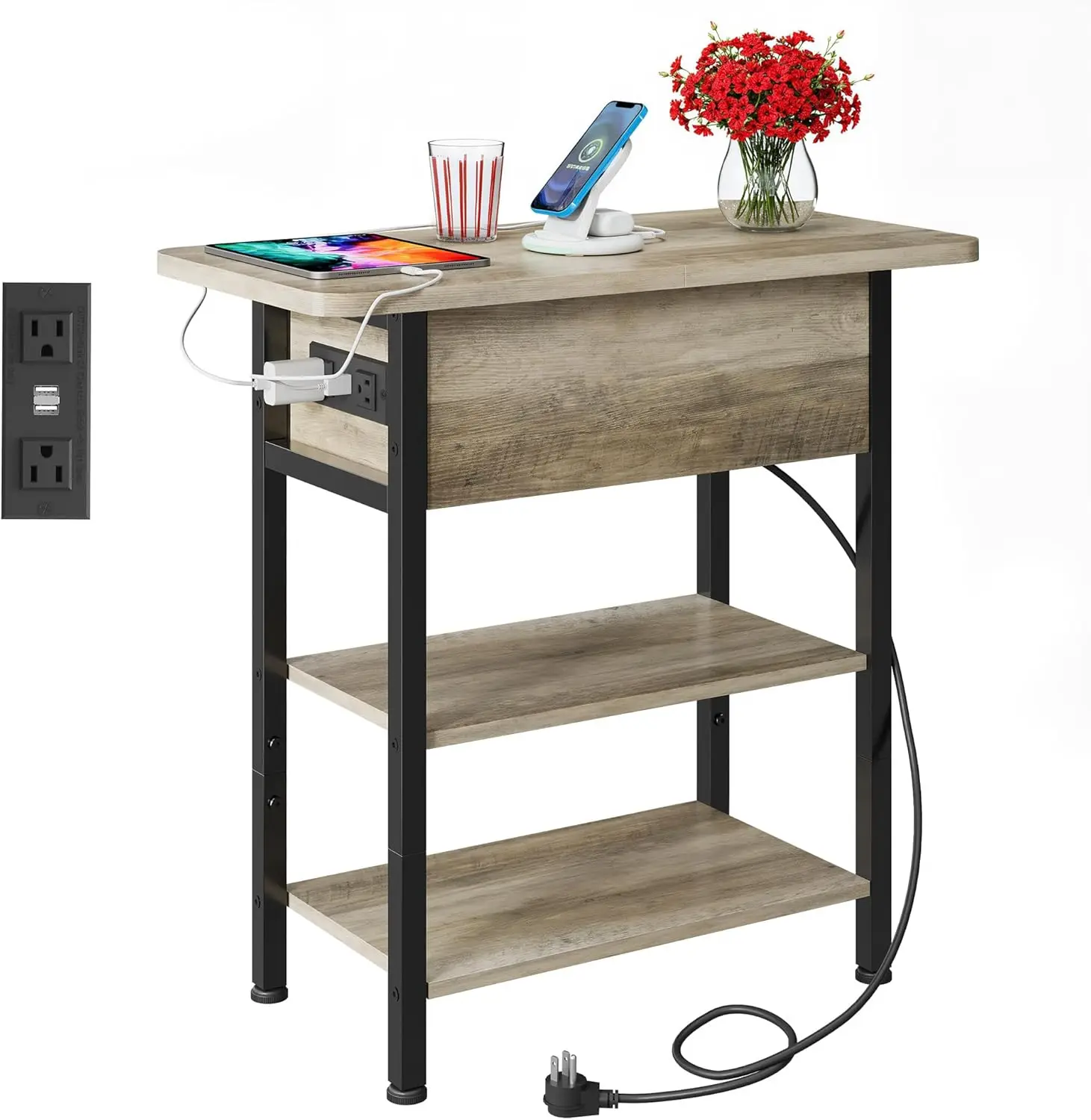 

End Table with Charging Station, Flip Top Narrow Side Table with Storage Shelf, Small Nightstand with USB Ports and Outlets,B