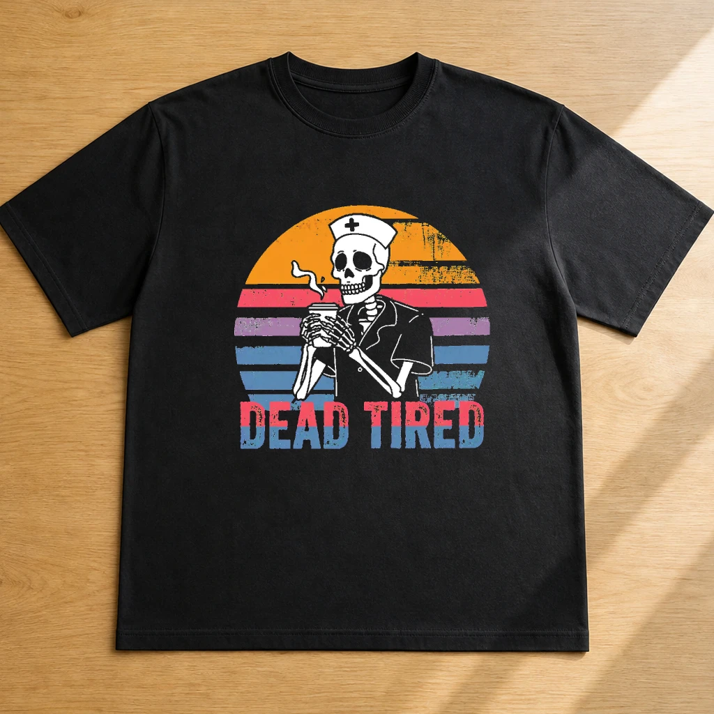 Skull Nurse Drinking Coffee Pattern Men T-Shirt Medical Staff Uniform Tee Top Humor Night Shift Gift for Male Nurse Doctor