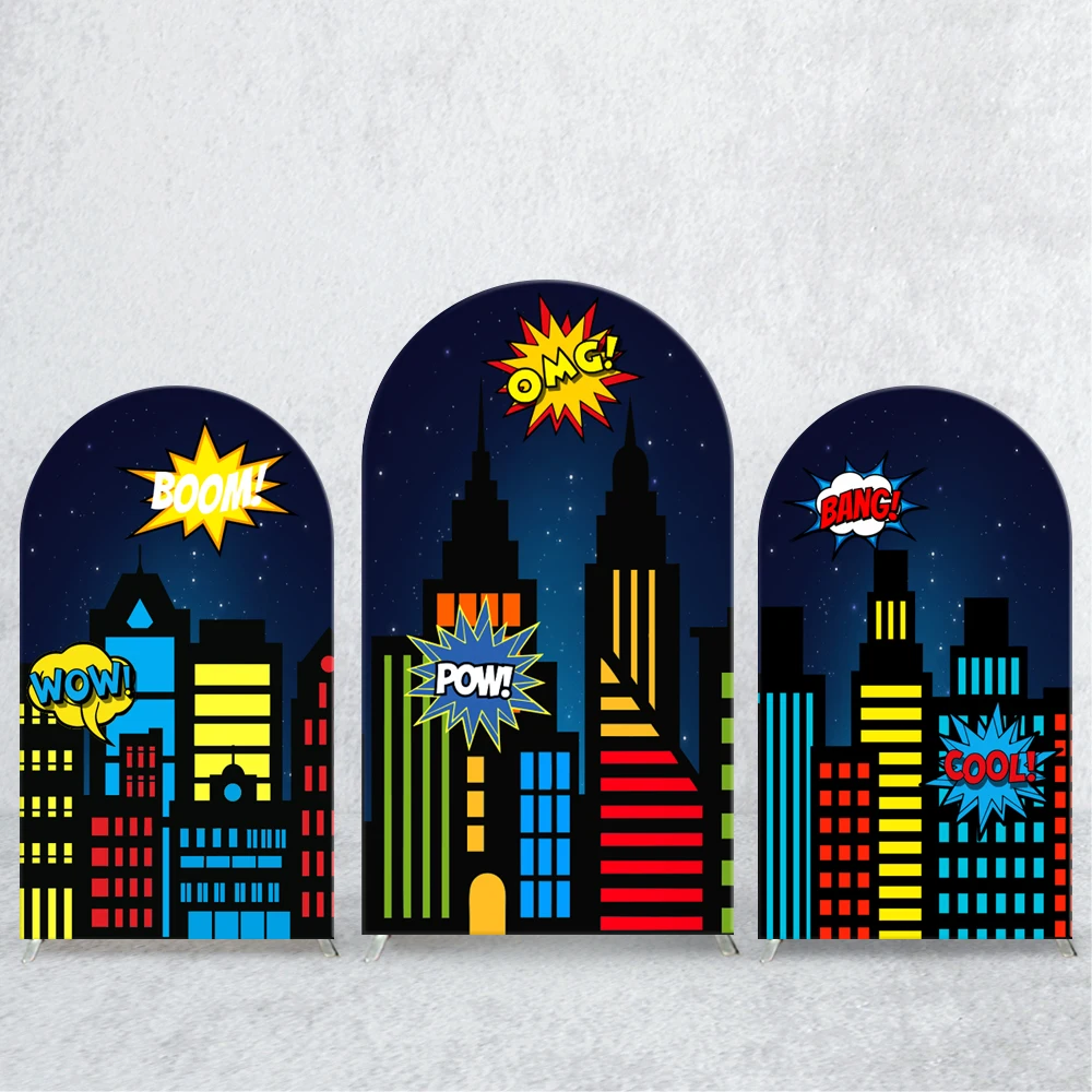 

Urban building Arch Backdrop Cover Superhero Cartoon Boy Birthday Party Elastic Custom Baby Shower Decor Photo Background Banner