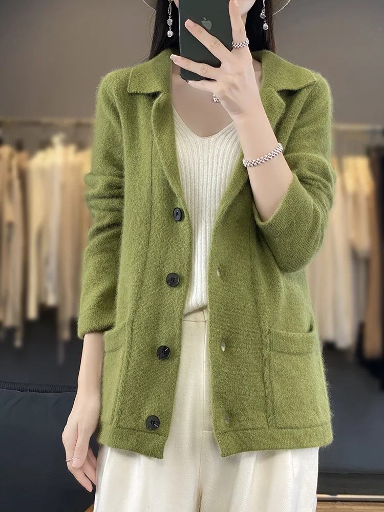 Women Lapel 100% Mink Cashmere Knit Cardigan Spring Winter New Polo Collar Shirt Loose Warm Jackets Blouses Casual Coats Sweater