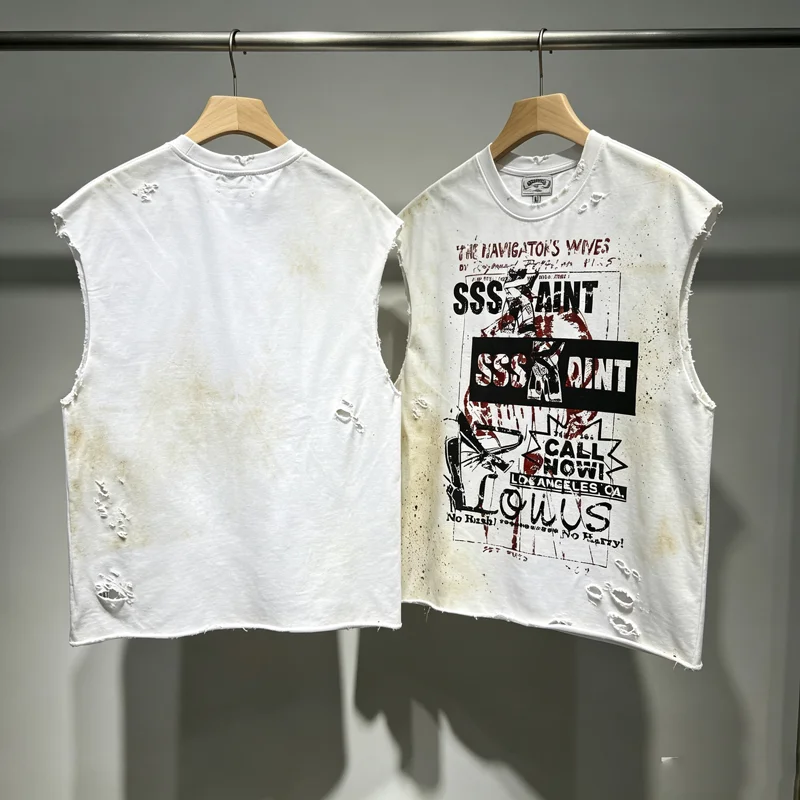 Sleeveless SSSAINT LOUIS Tank Tops T Shirt Men Women Loose Washed Hole Damaged Vest Quick Dry Breathe T-shirt Tee