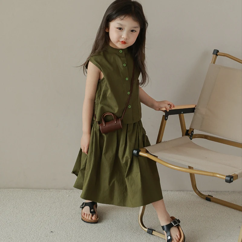 Summer Kid Clothing Set Girls Cotton Korean Style Sleeveless Skirt Two-piece Suit Fashion Outdoor Breathable Outfit Solid 3-8Y