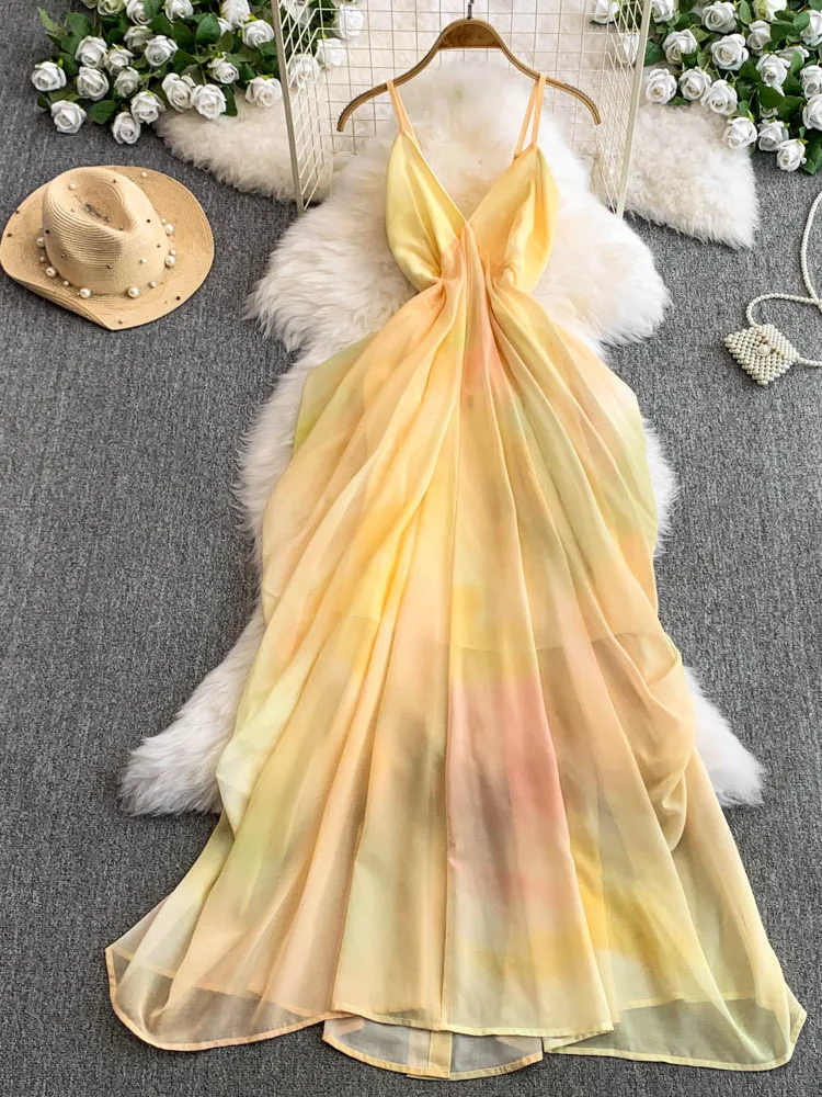 เดรสยาวทรงวี ผ้าเนื้อนุ่ม สไตล์เกาหลี เอวสูง ช่วยพรางหุ่น เหมาะสำหรับวันหยุดพักผ่อน รุ่นฤดูร้อน