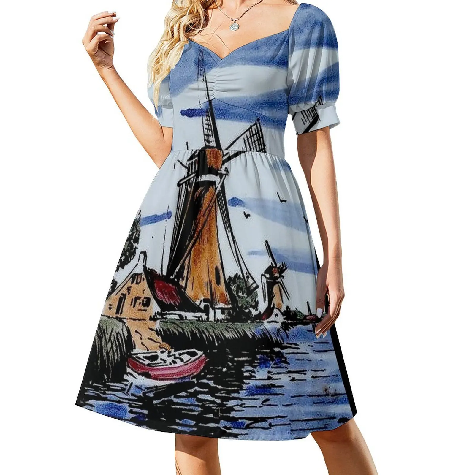 

DUTCH BLUE DELFT : Vintage Colorful Windmills and boat on River Print Short Sleeved Dress Evening gown womens clothing Dress