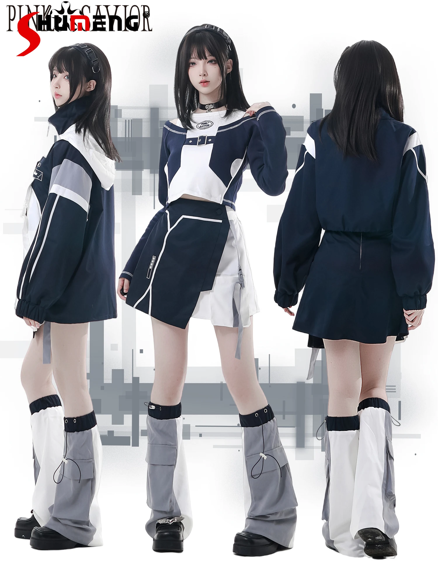 

Спецодежда в японском консервативном стиле Y2K, милая крутая одежда, осенне-зимняя куртка с капюшоном для девочек, верхняя юбка, короткие пальто, комплект гетр