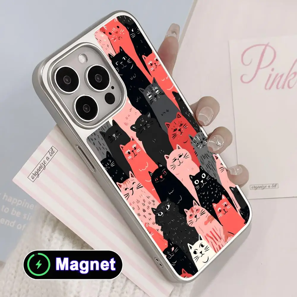 

Cat Kitten Kawaii Phone Case for iPhone 17 16 15 14 13 12 11 Air Pro Max Plus Electroplated Silver Magsafe Cover