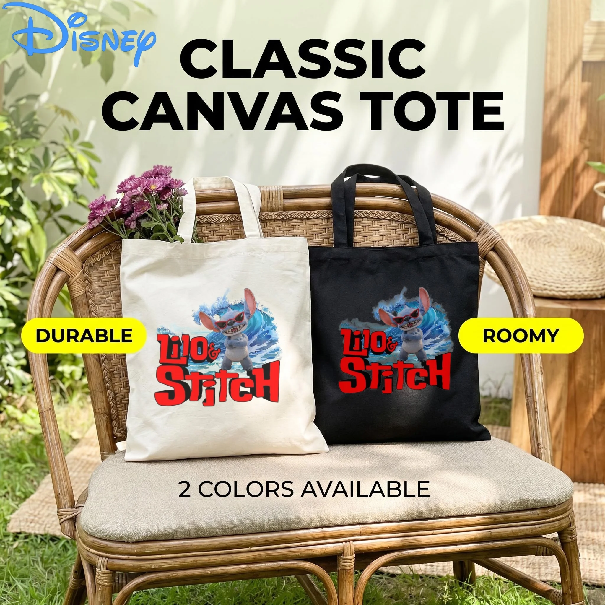 1 bolso de lona Disney Lilo & Stitch, bolso de hombro ecológico con letras rojas y diseño de gafas de sol Surf Wave Stitch