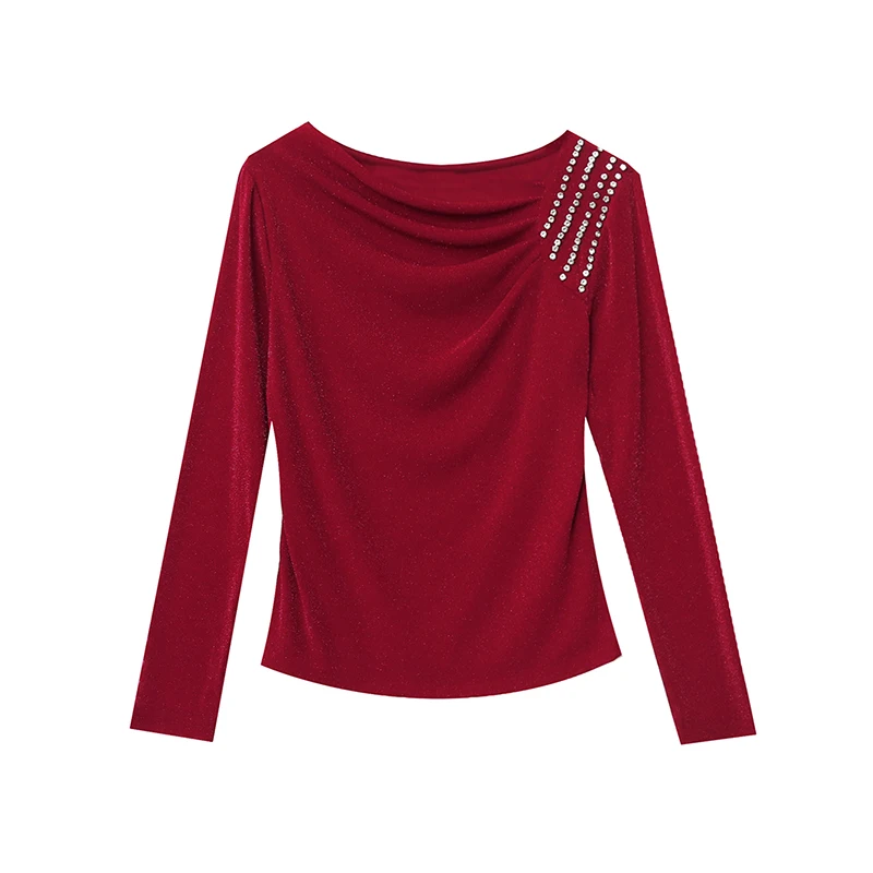 

Black Korean Style Fall Winter Mesh T-Shirt Chic Sexy Draped Shiny Diamonds Women Tops Long Sleeve Elastic Tees 2024 New 491702