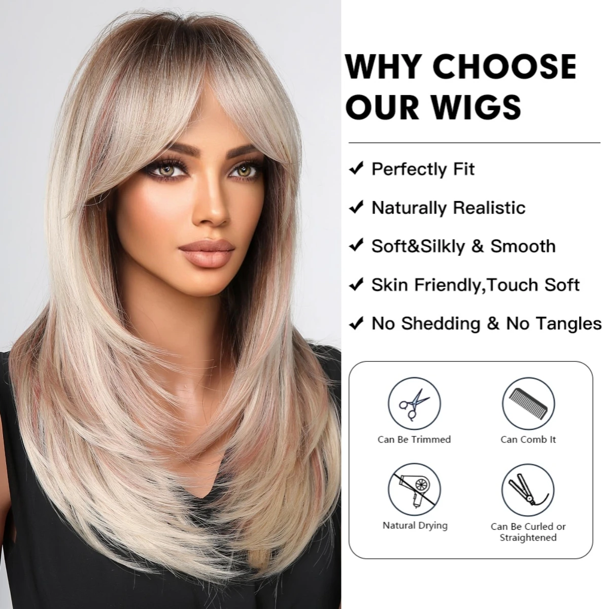 تسليط الضوء على شعر مستعار اصطناعي أشقر للنساء شعر مستعار تأثيري مع الانفجارات الطبقات مستقيم شعر مستعار للحفلات الاستخدام اليومي شعر مستعار مقاوم للحرارة #2